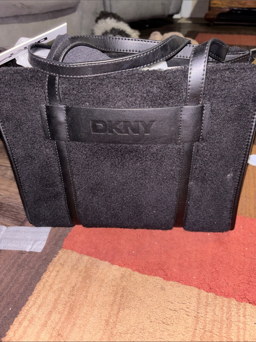 DKNY Black Wool-Blend Messenger Tote with Leather Trim